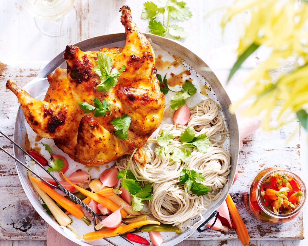 Chilli Coriander Split Chicken With Pickled Vegetables And Soba Noodles
