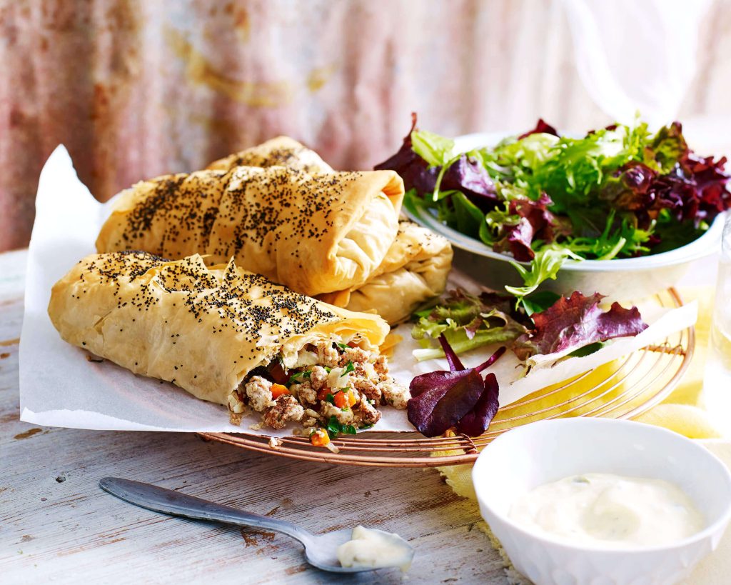 Cinnamon Spiced Chicken Filo Parcels With Jalapeno Aioli and Mixed Leaf Salad