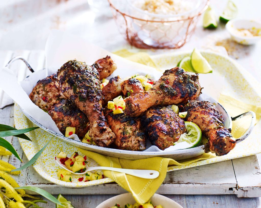 Jerk Chicken Drumsticks With Pineapple Chilli Salsa And Coconut Basmati Rice