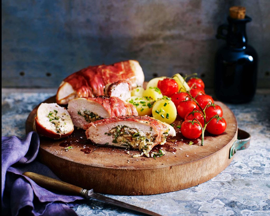 Prosciutto Wrapped Chicken With Vine Tomatoes And Chat Potatoes