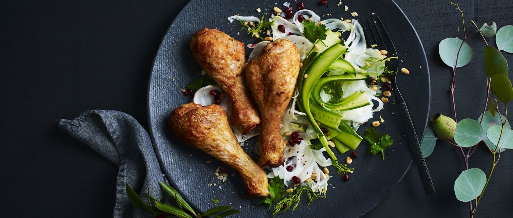 Quandong peach, Mountain pepper & chilli drumsticks with shaved fennel salad